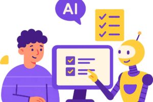 disegno di uomo, pc e robot simbolo di come scrivere disegnare o creare video con AI