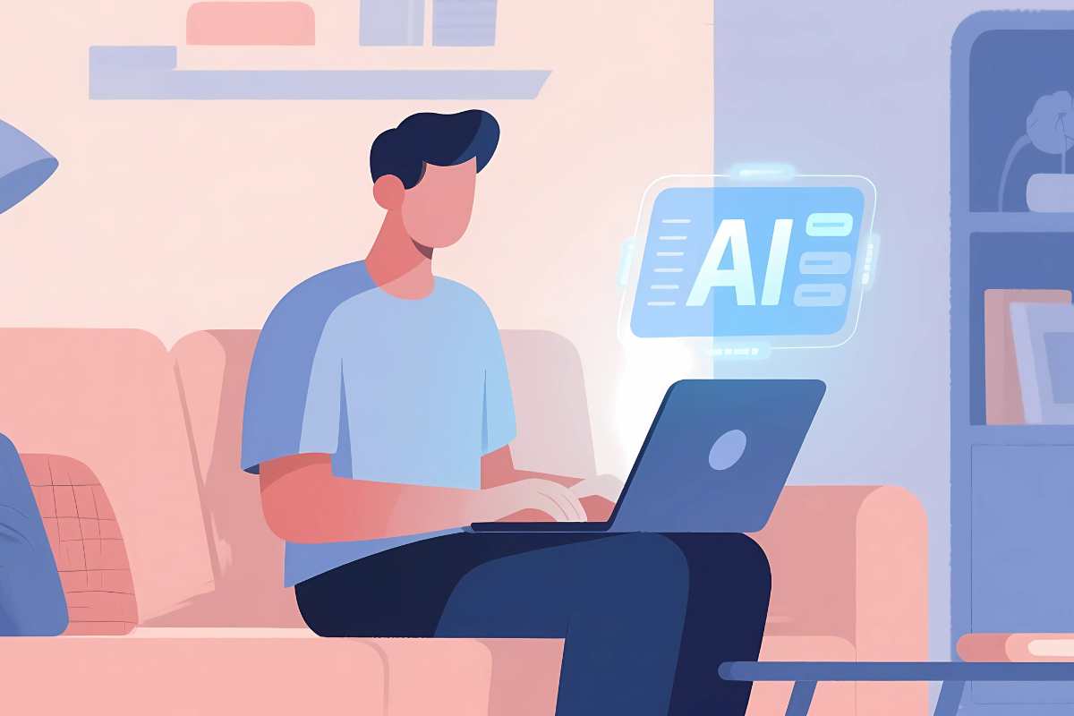 illustrazione di uomo al pc e scritta AI
